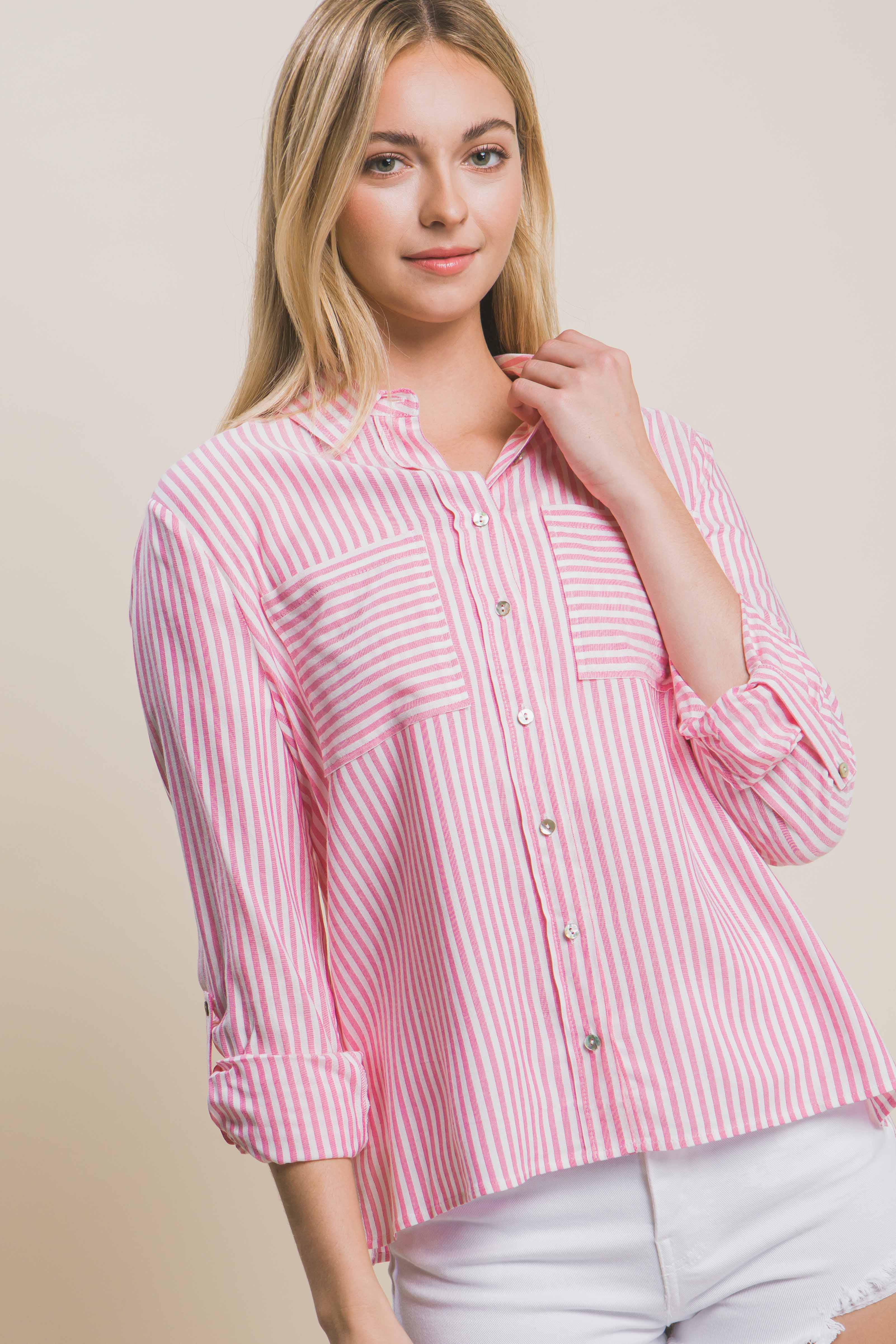Pink and White Long Sleeve Stripe shirt with double front pockets