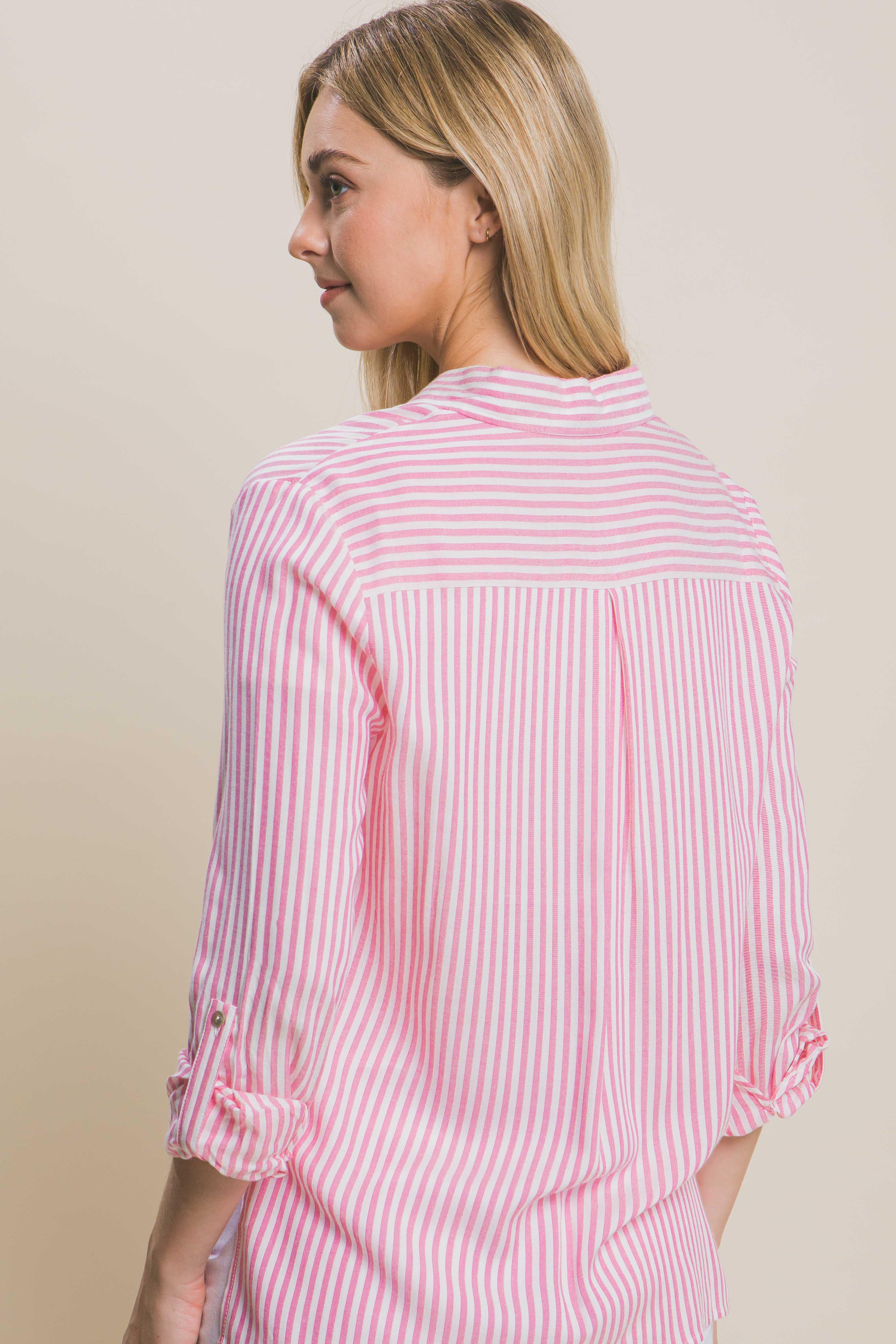 Pink and White Long Sleeve Stripe shirt with double front pockets