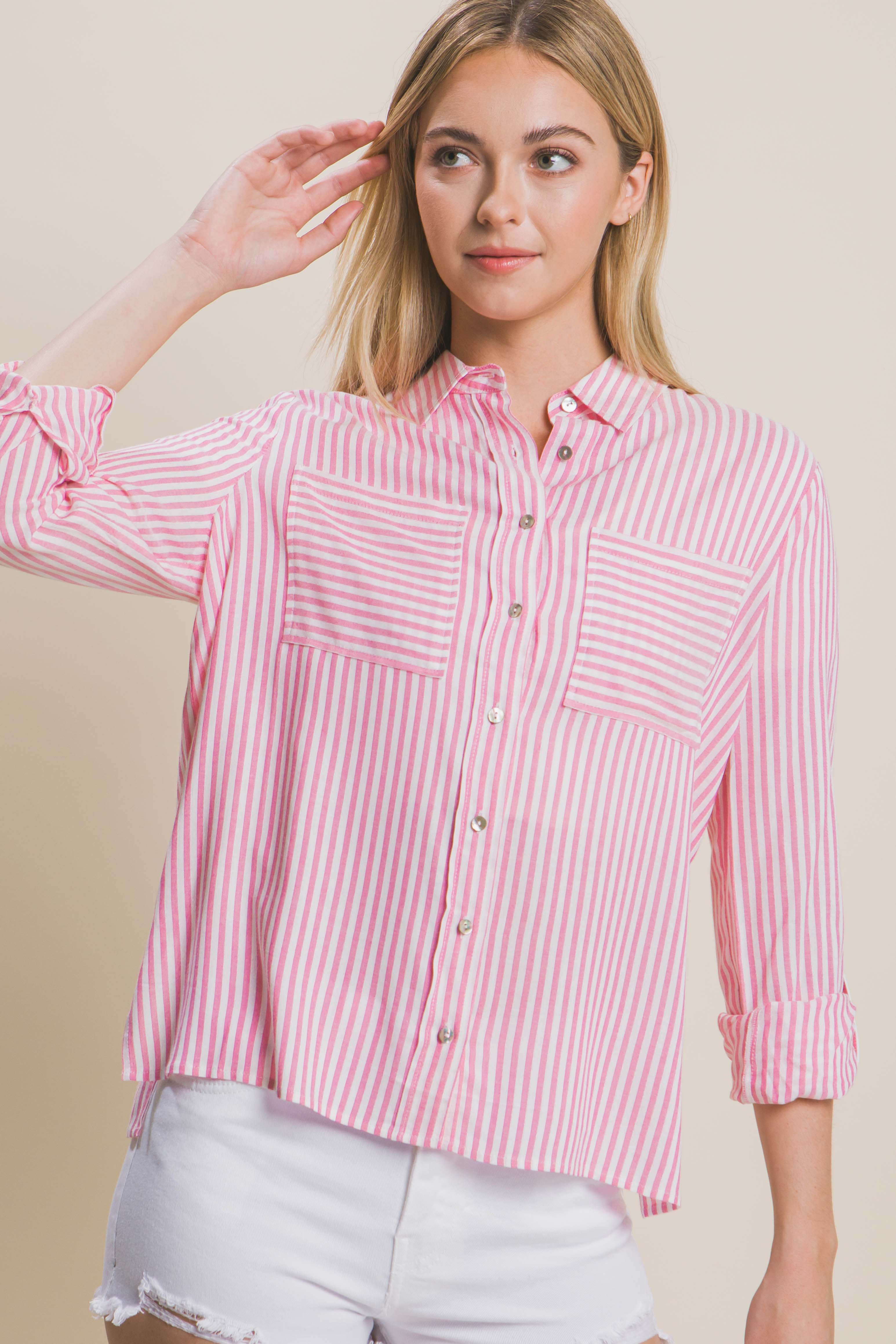 Pink and White Long Sleeve Stripe shirt with double front pockets