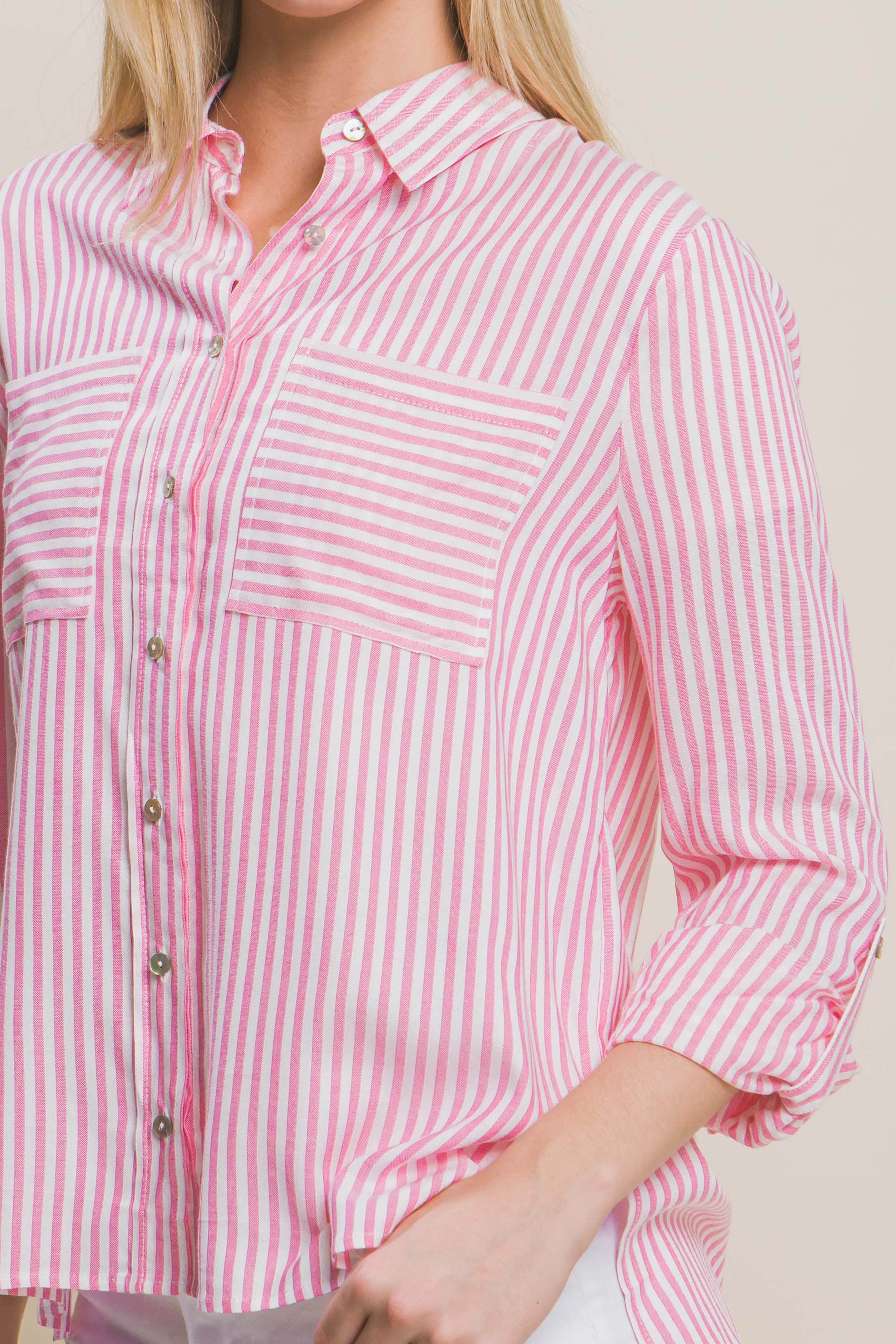 Pink and White Long Sleeve Stripe shirt with double front pockets