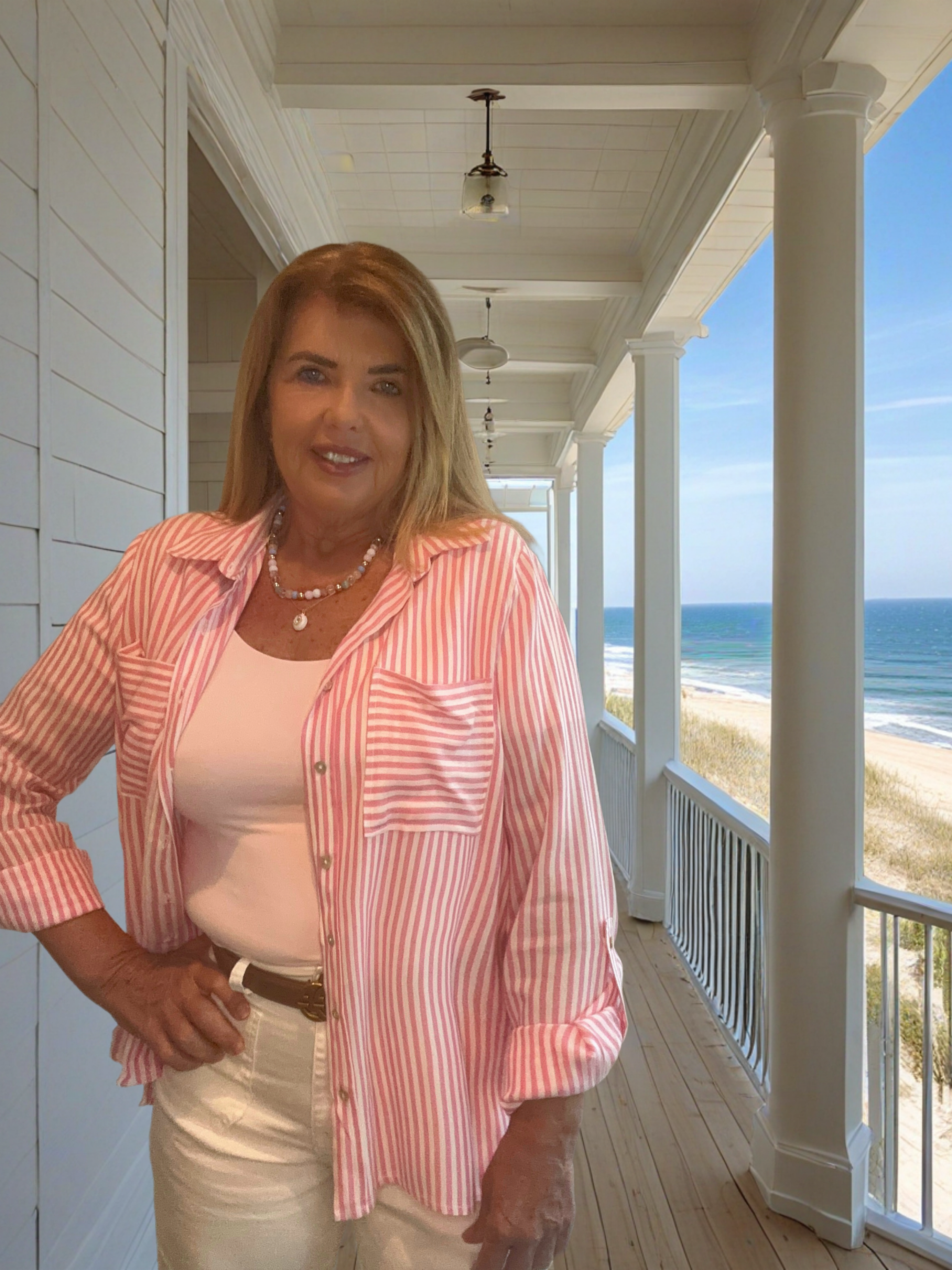 Pink and White Long Sleeve Stripe shirt with double front pockets