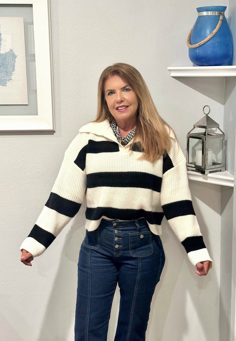 Stripe Drop Shoulder with Wide Collar Sweater