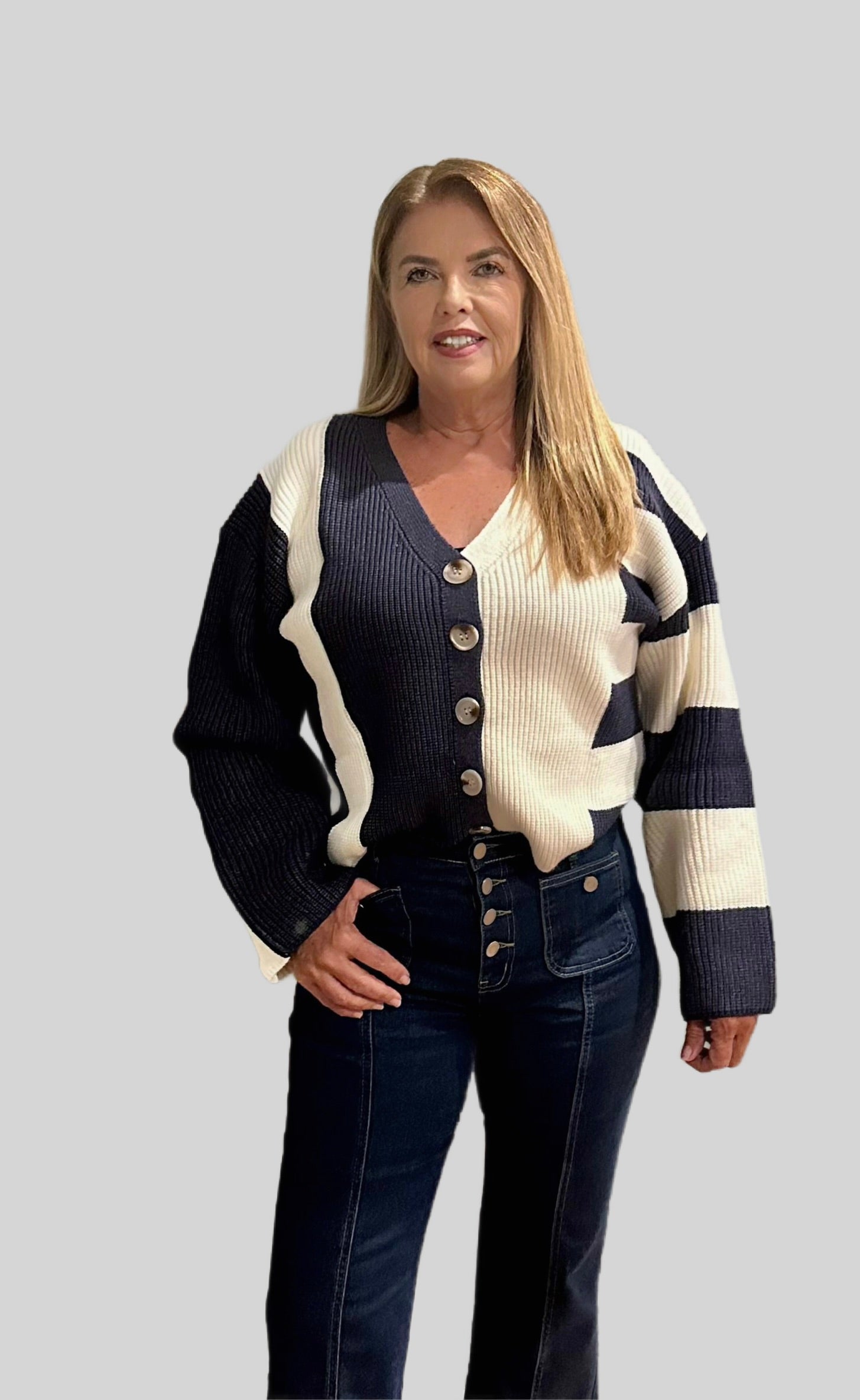 Color Block Down Cardigan - Navy and Ivory