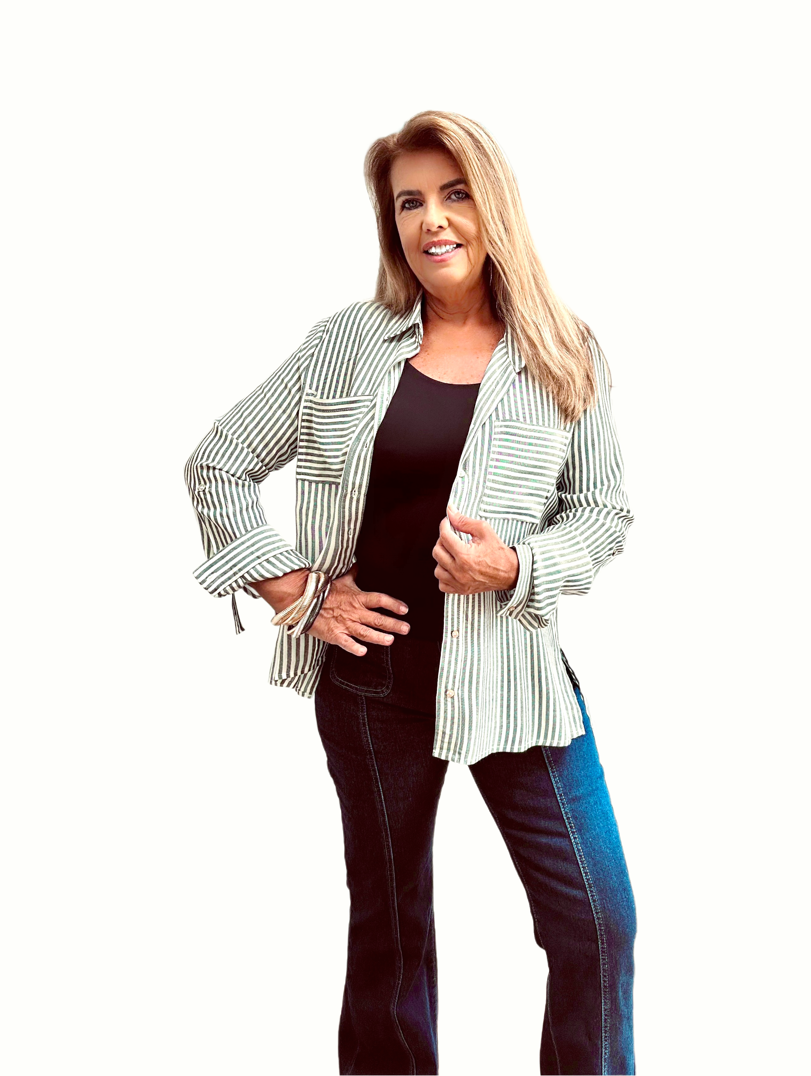 Black and White Long sleeve striped shirt with double front pockets