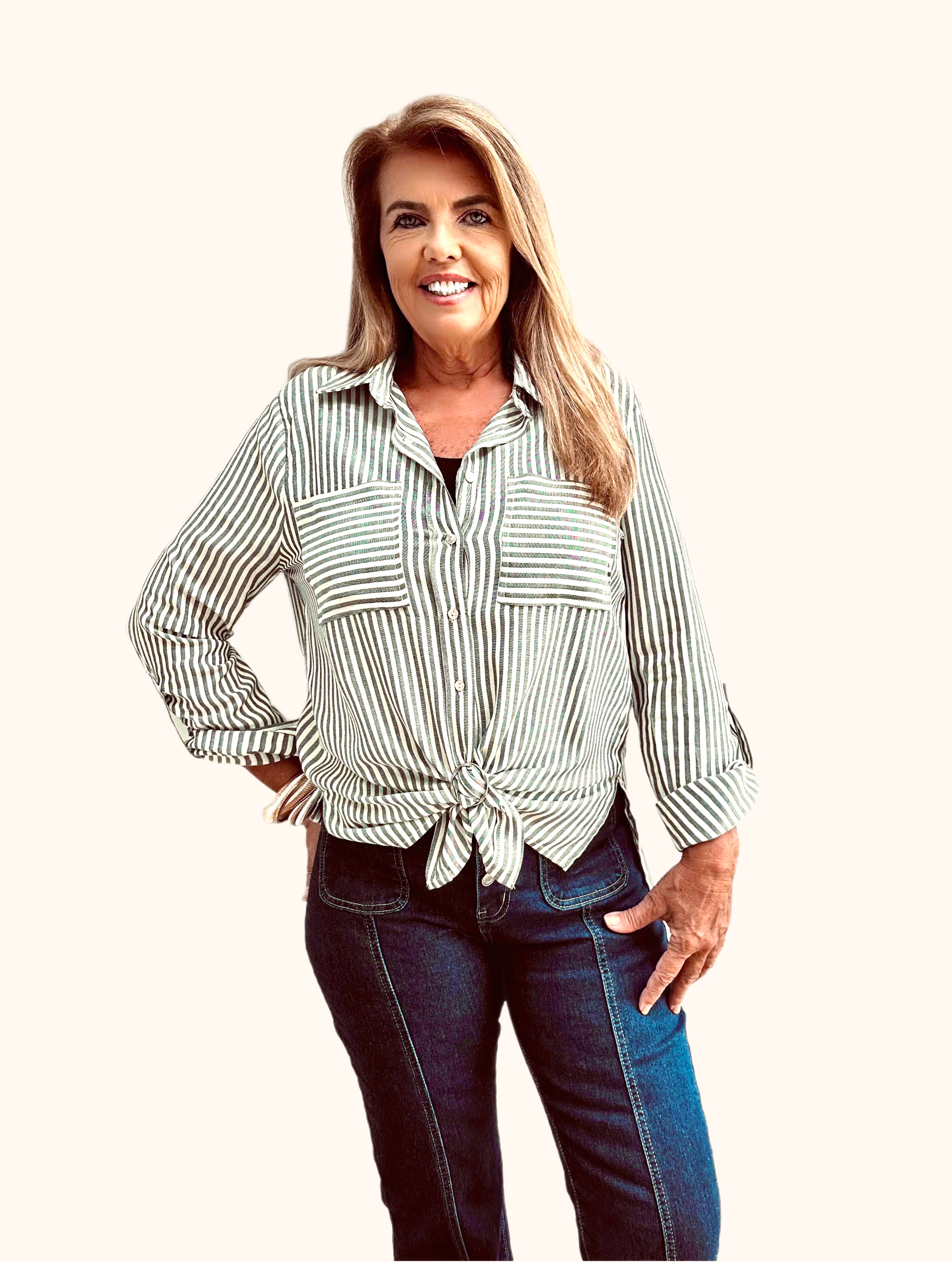 Black and White Long sleeve striped shirt with double front pockets