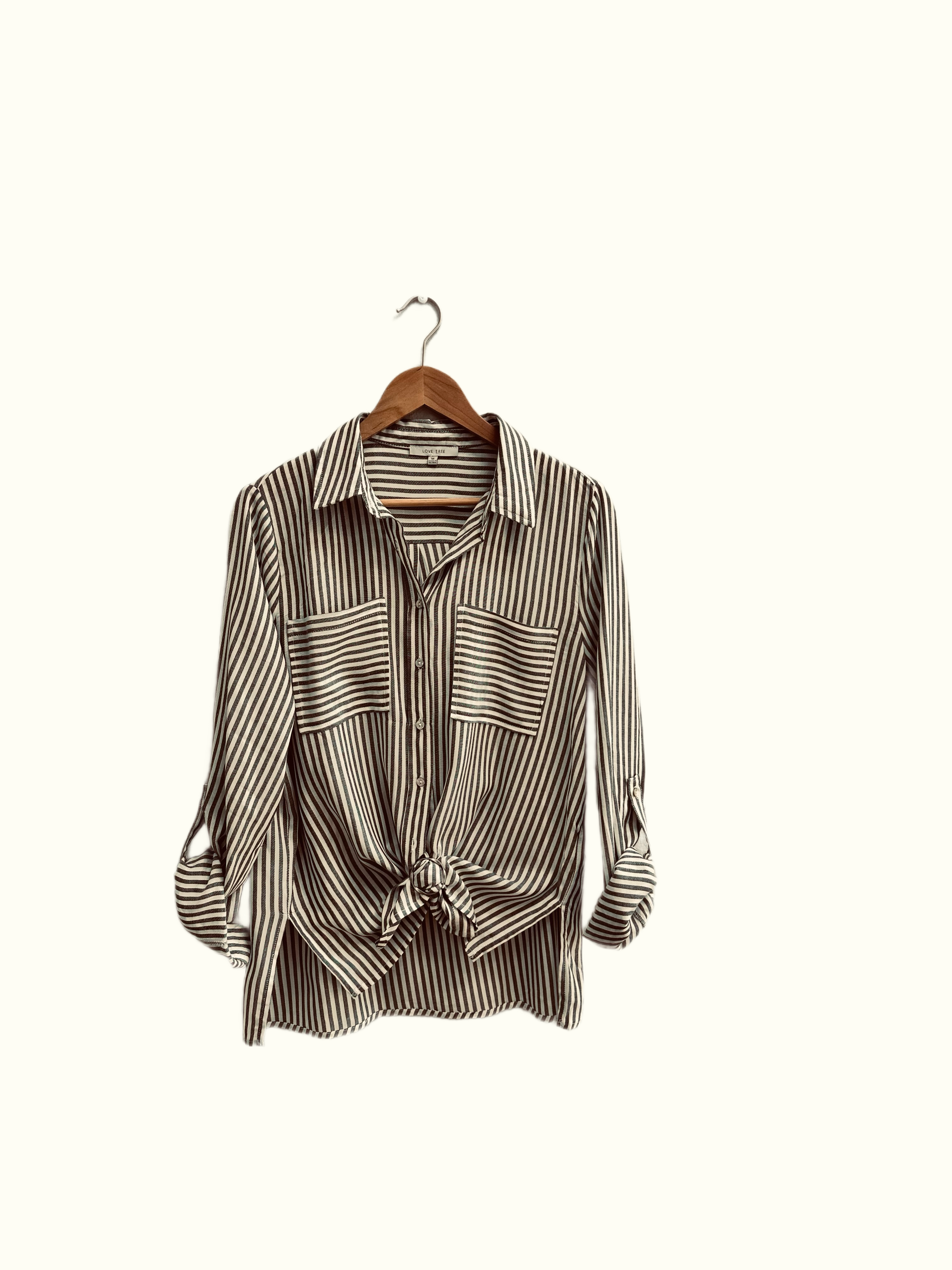 Black and White Long sleeve striped shirt with double front pockets