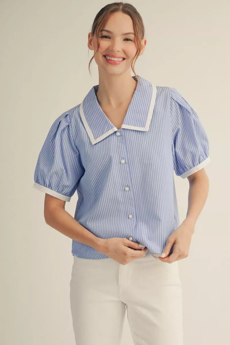 Short sleeves button down stripe top with Peter Pan collar, solid contrast binding.