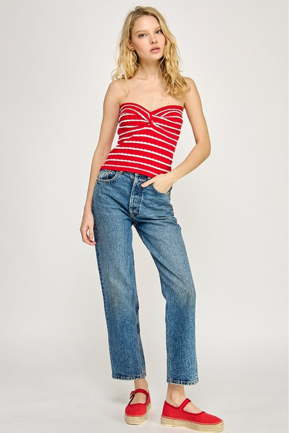 Red and White Twist Front Sweater Tube Top