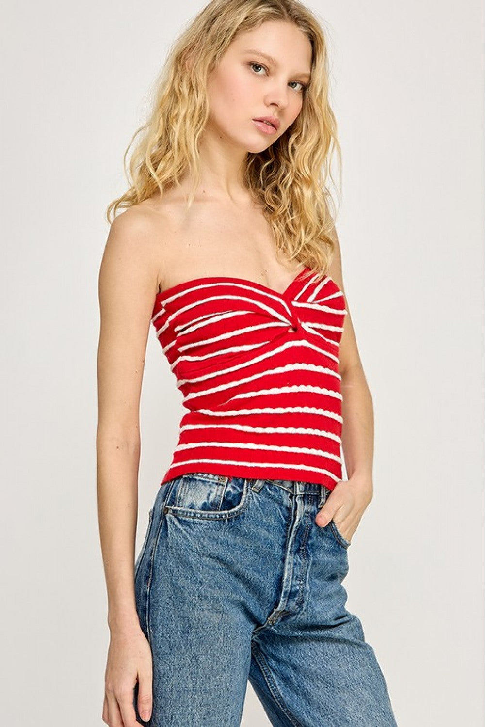 Red and White Twist Front Sweater Tube Top