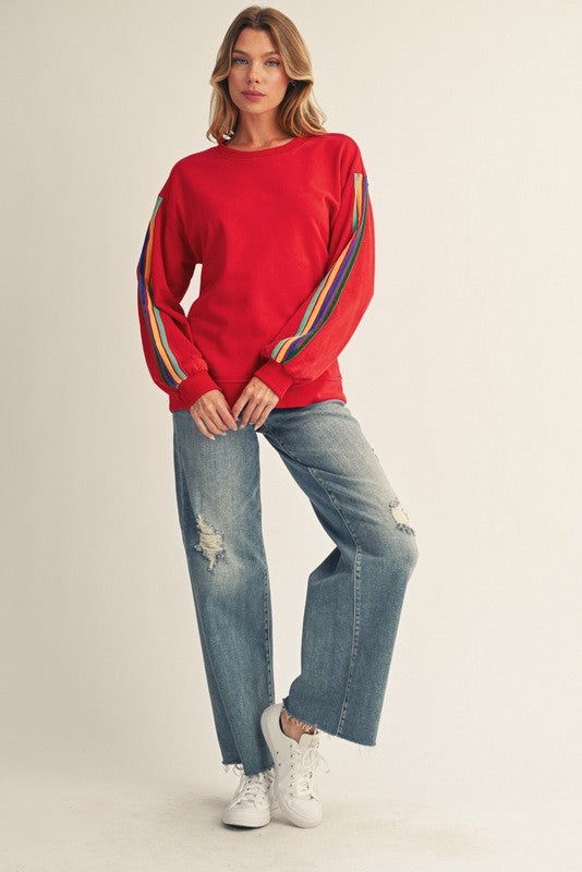 Velvet Tape Trim Accent Washed Sweatshirts