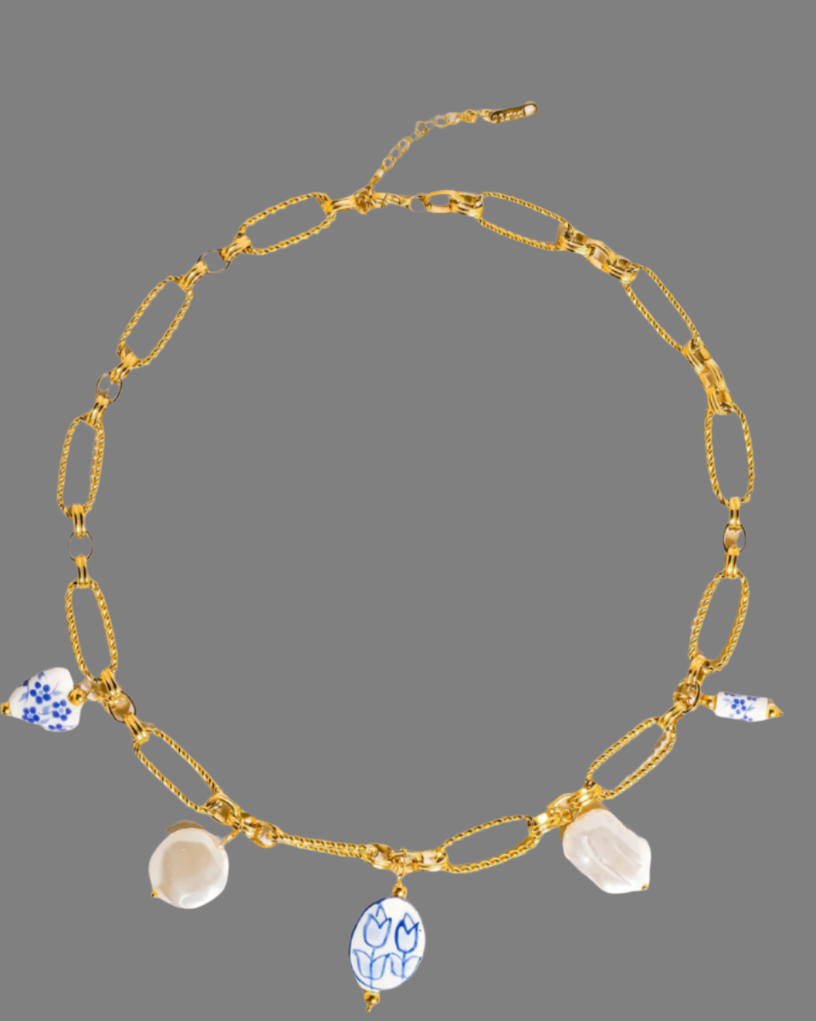 Riela-Blue Necklace with hand painted ceramic florals, with 18k plating gold.