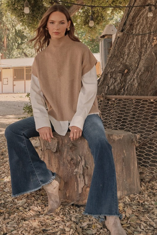 Drop Shoulder Comfy Sweater Top, Mock Neck Taupe color