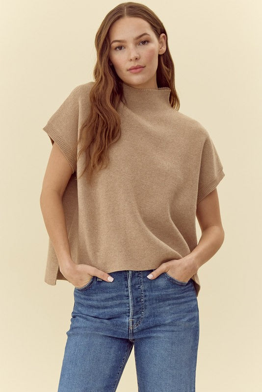 Drop Shoulder Comfy Sweater Top, Mock Neck Taupe color