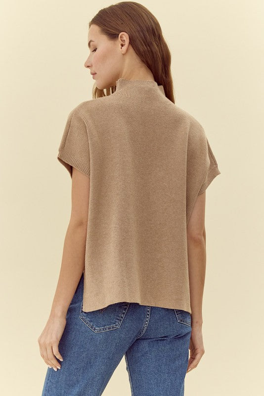 Drop Shoulder Comfy Sweater Top, Mock Neck Taupe color