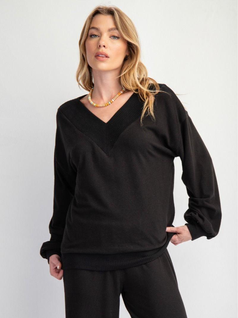 EASEL BLACK DEEP V NECK BRUSHED HACCI PULLOVER, SUPER SOFT KNIT FABRIC fall sweater