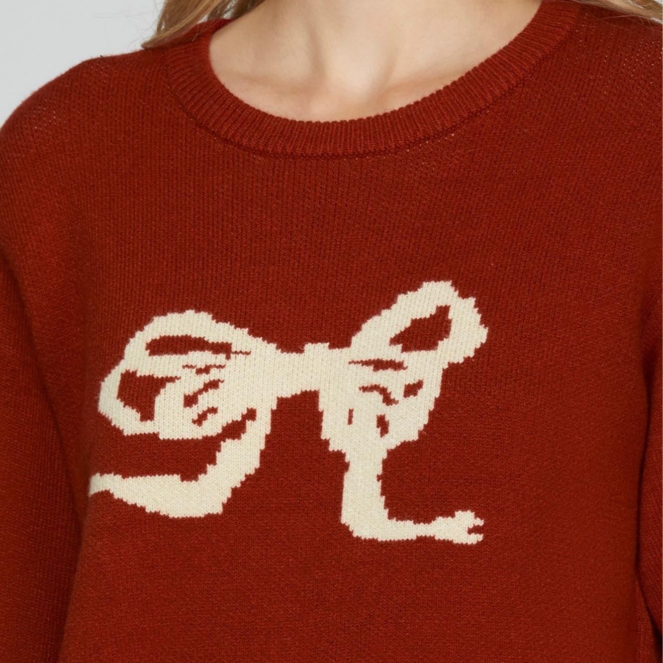 WOMEN 'S LONG SLEEVE RIBBON PULLOVER SWEATER  IN RED AND TAUPE COLORS fall sweater