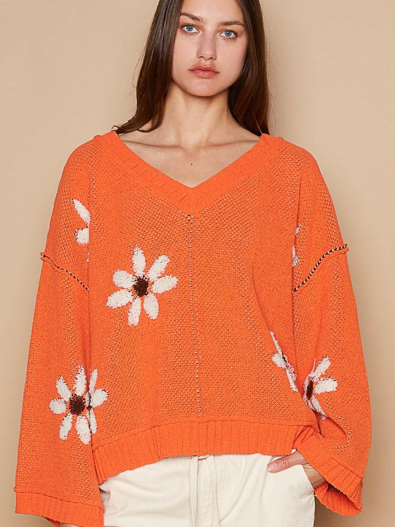 Pol Designed in V-neck long sleeve, relaxed fit top in chenille with outseam rolling edge detailing, berber flower print, pullover  Orange sweater. fall sweater