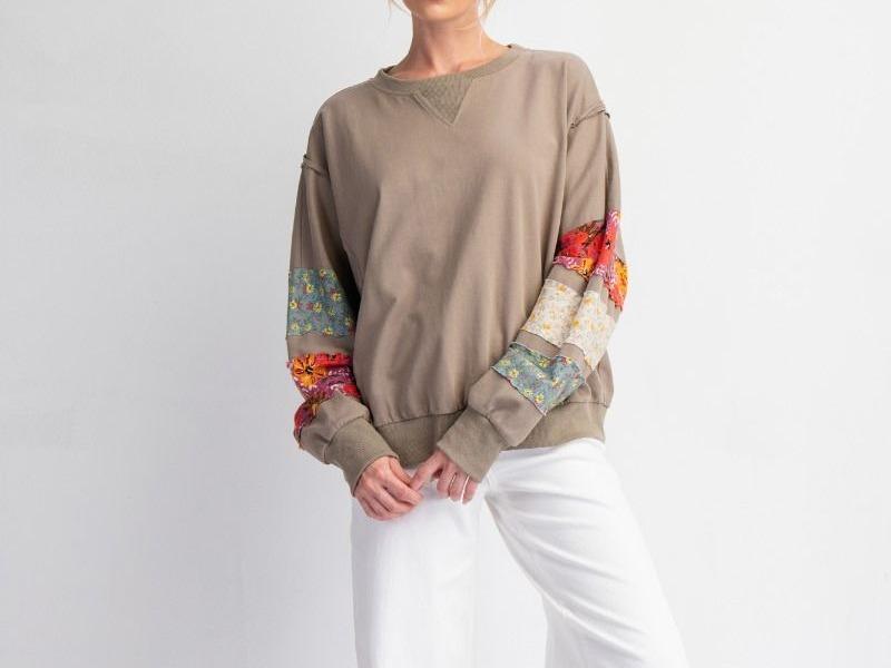 PRINT MIX TERRY KNIT PULLOVER WITH MIXED FLORAL  DETAILING ON SLEEVES fall pullover long sleeve