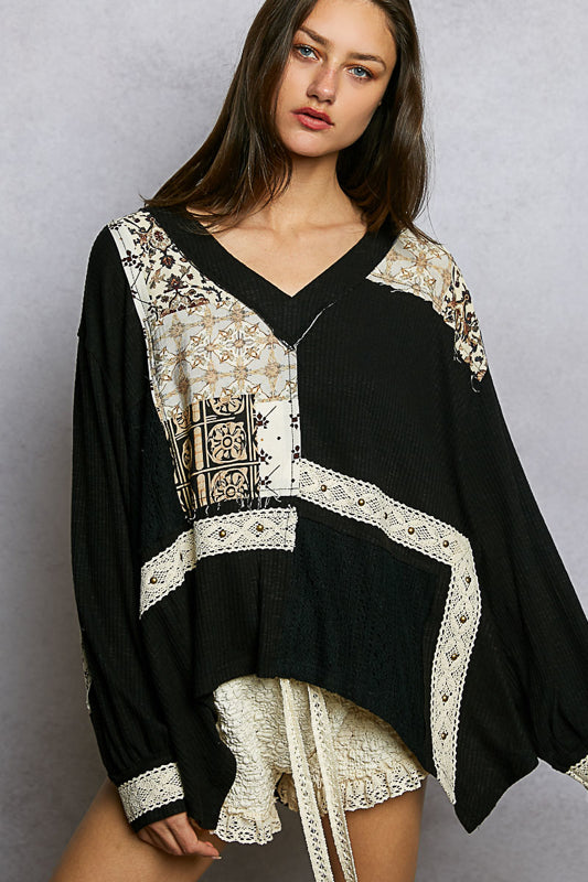 Pol V-neck Black Top with Vintage Details