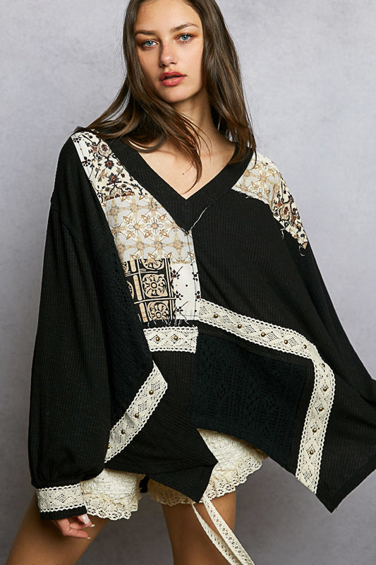 Pol V-neck Black Top with Vintage Details