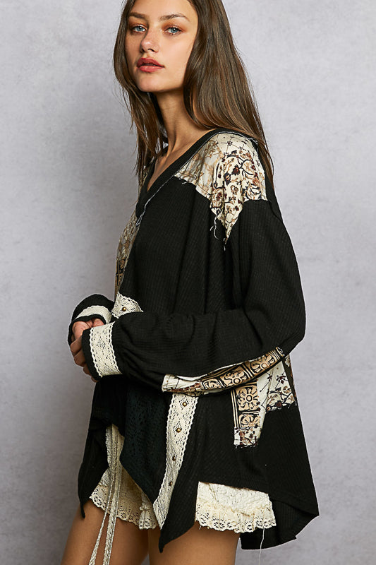 Pol V-neck Black Top with Vintage Details