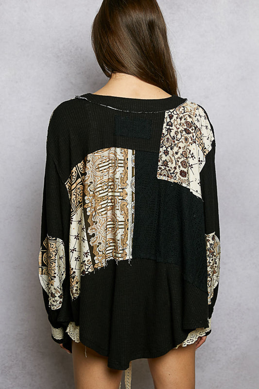 Pol V-neck Black Top with Vintage Details