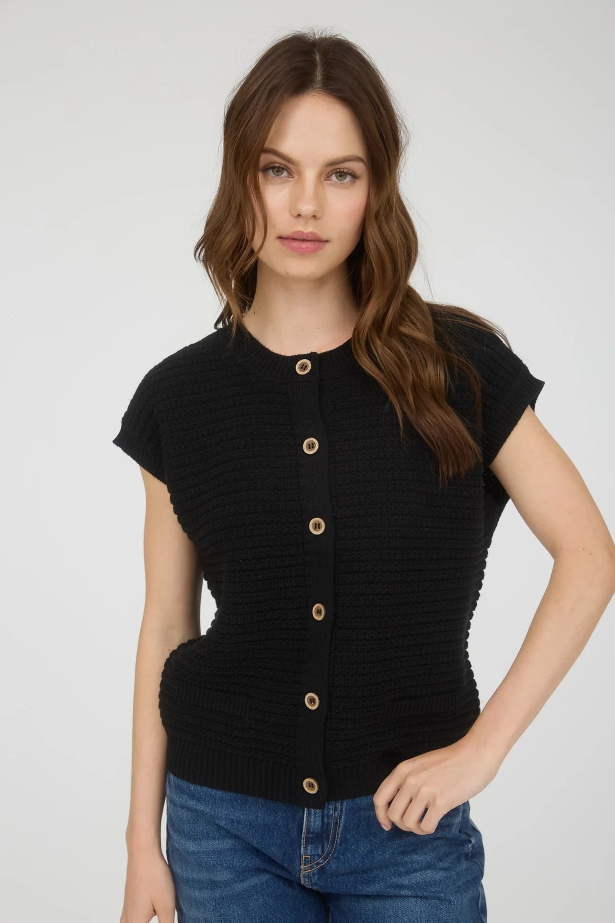Button Down Short Sleeve Knit  Black Cardigan Vest