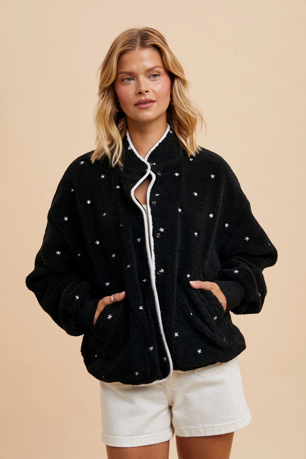 Black Speckled Embroidered Sherpa Jacket