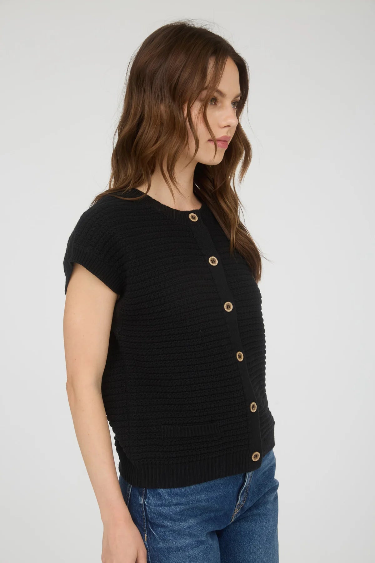 Button Down Short Sleeve Knit  Black Cardigan Vest