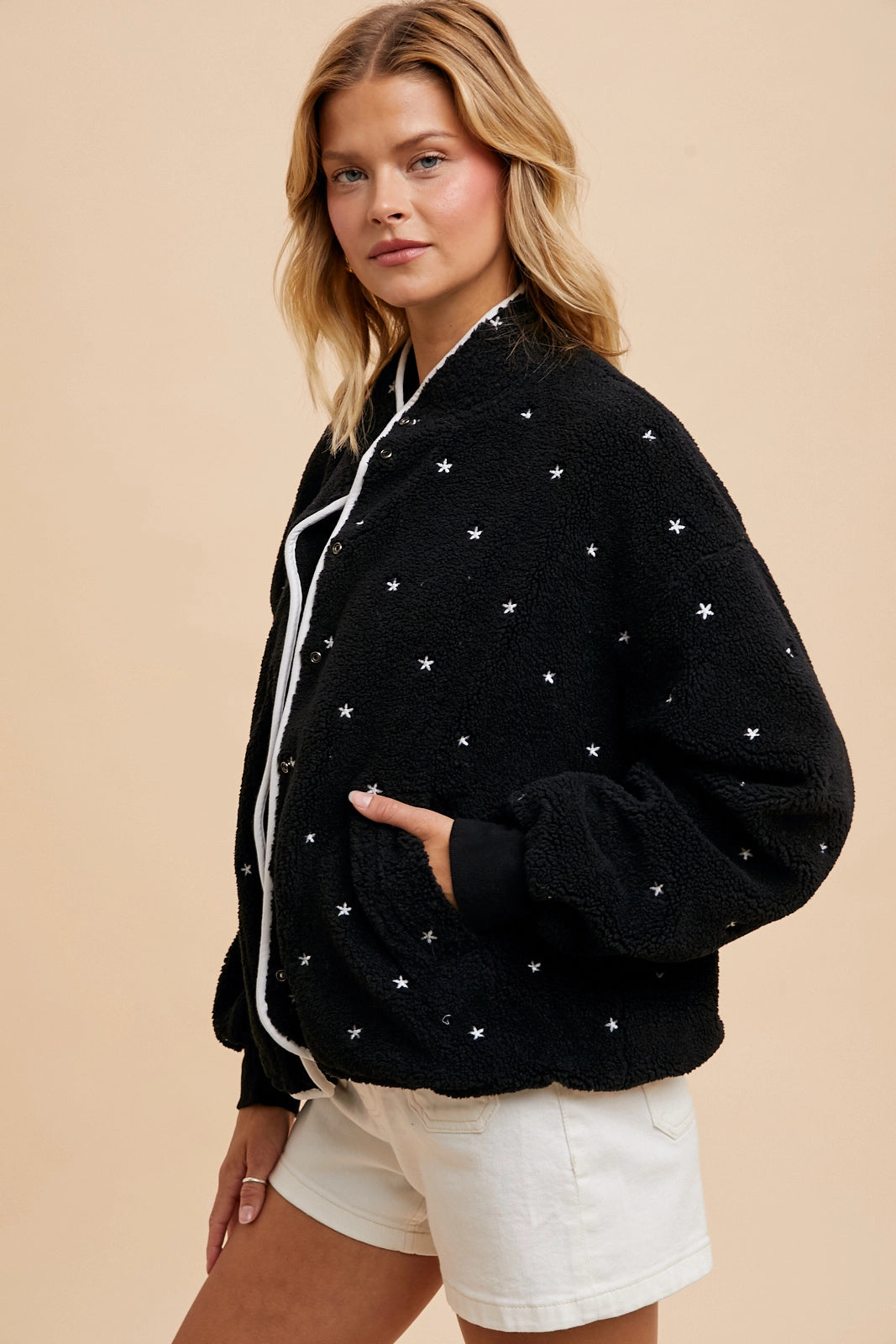 Black Speckled Embroidered Sherpa Jacket