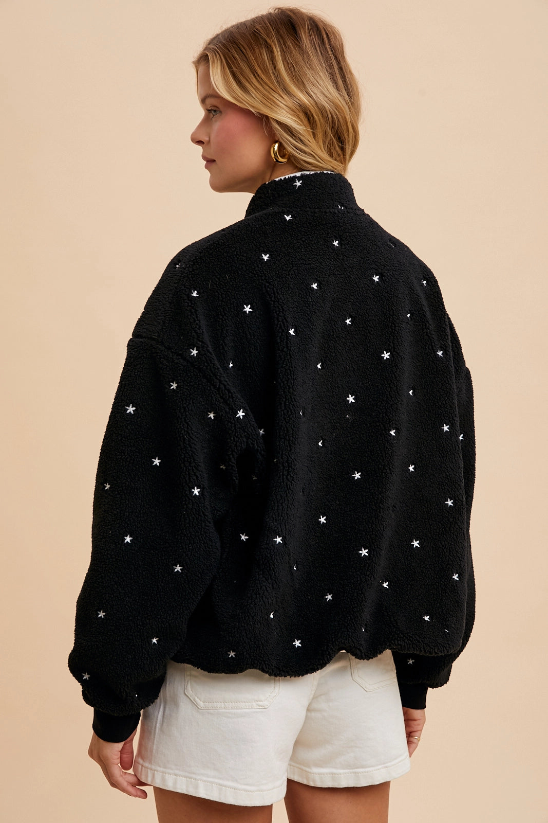 Black Speckled Embroidered Sherpa Jacket