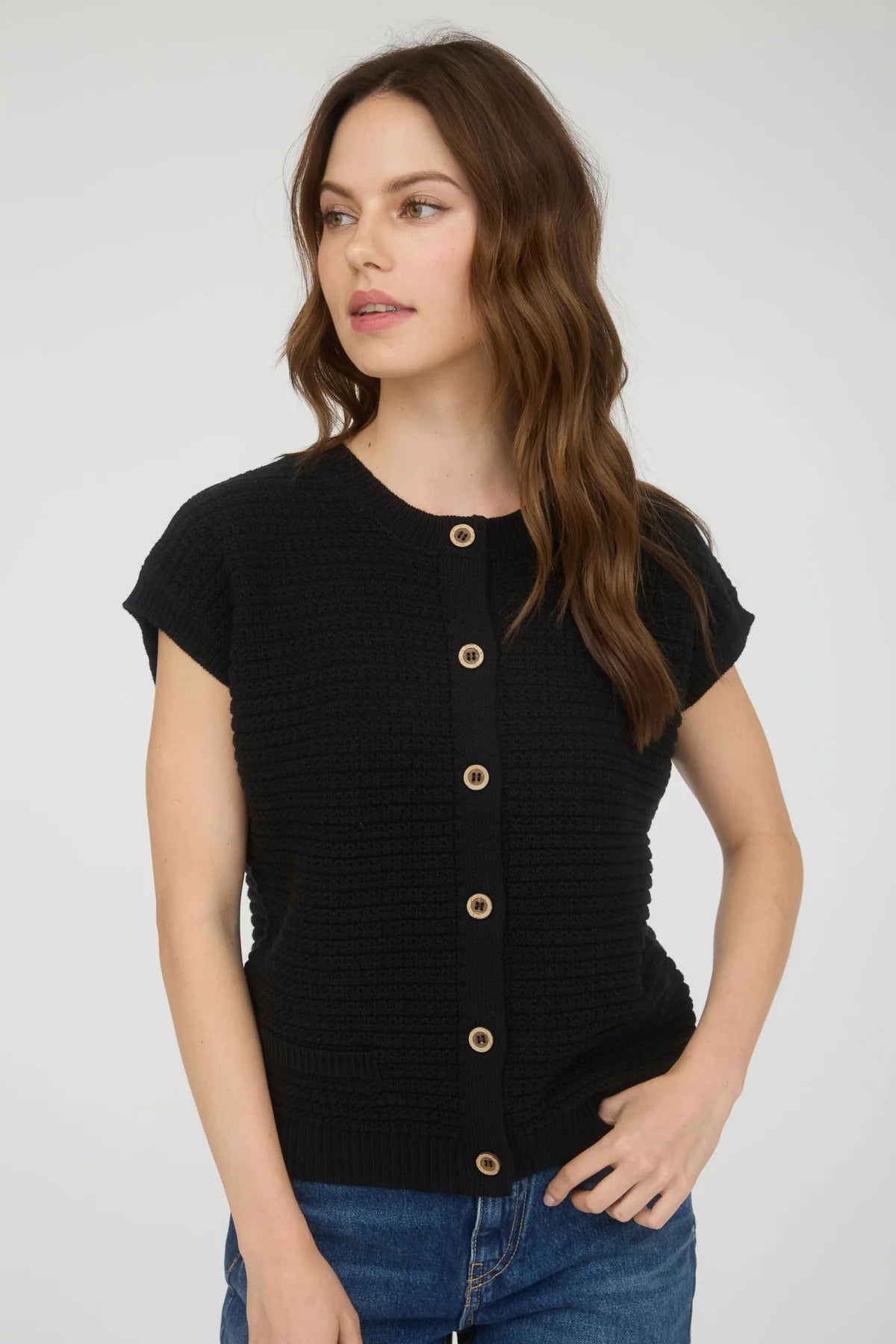 Button Down Short Sleeve Knit  Black Cardigan Vest
