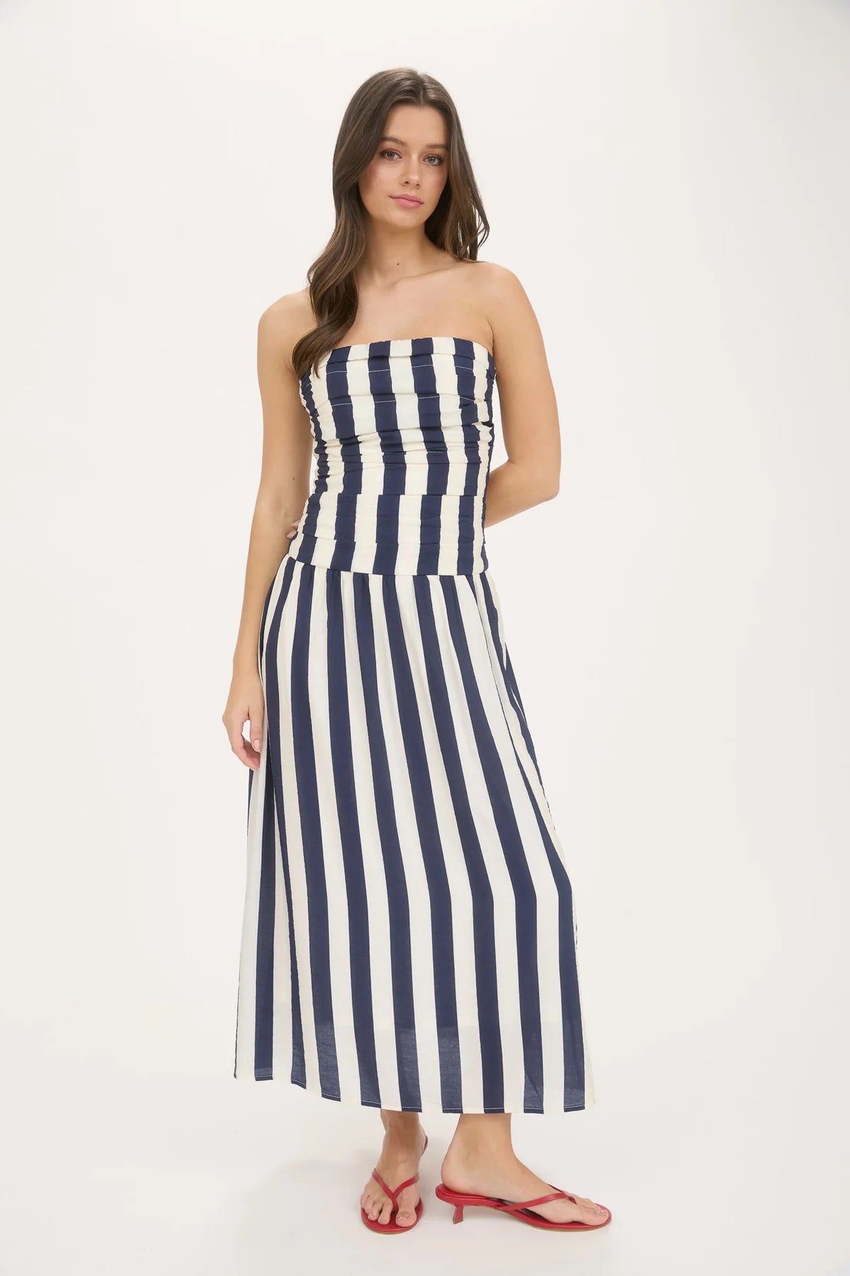Vertical Stripe Strapless Midi Dress
