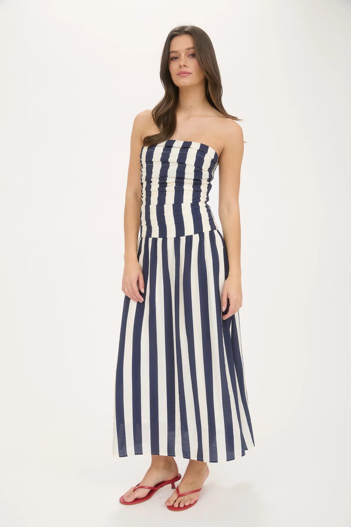 Vertical Stripe Strapless Midi Dress
