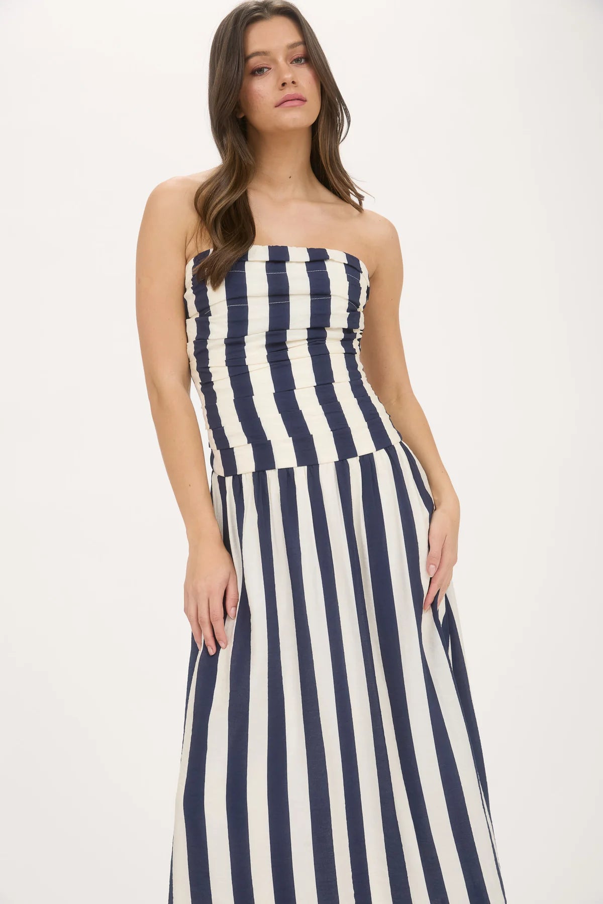 Vertical Stripe Strapless Midi Dress