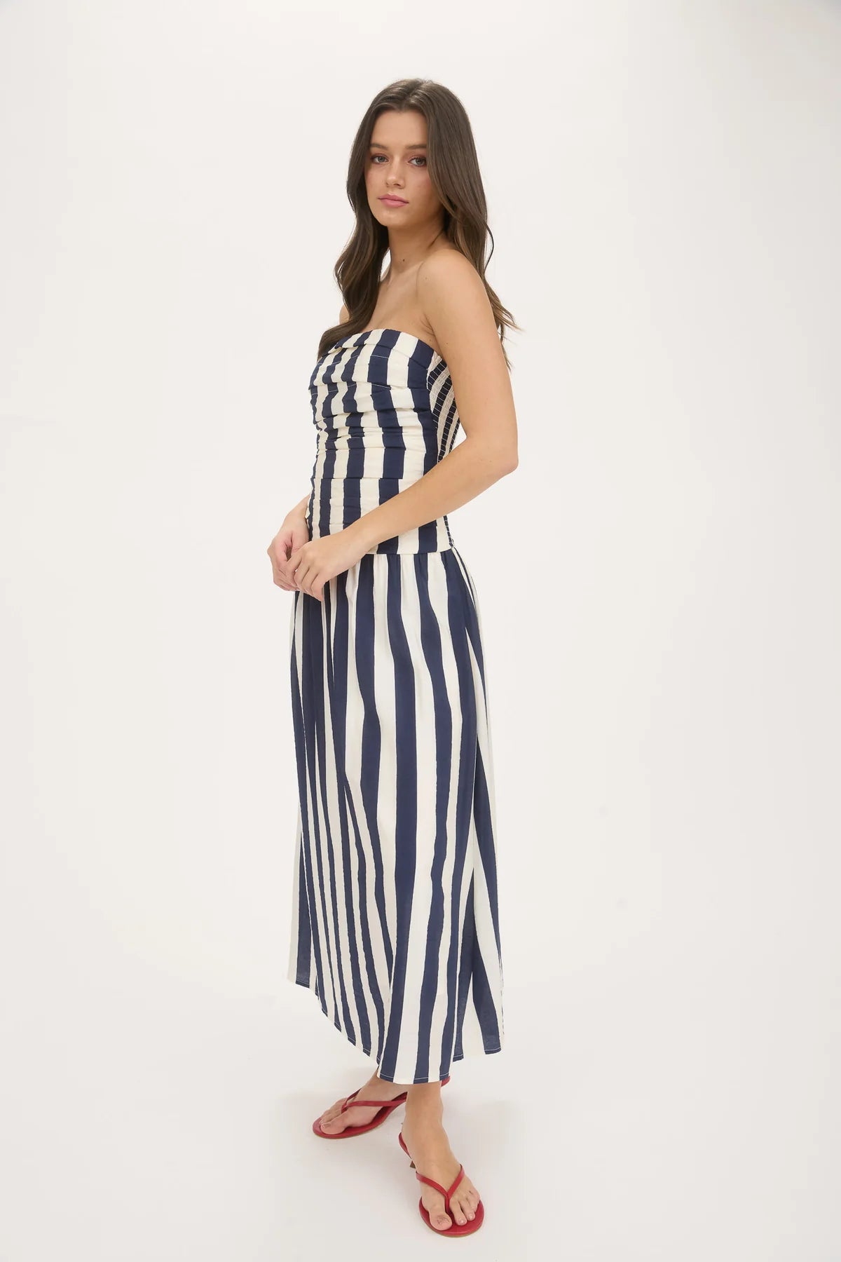 Vertical Stripe Strapless Midi Dress