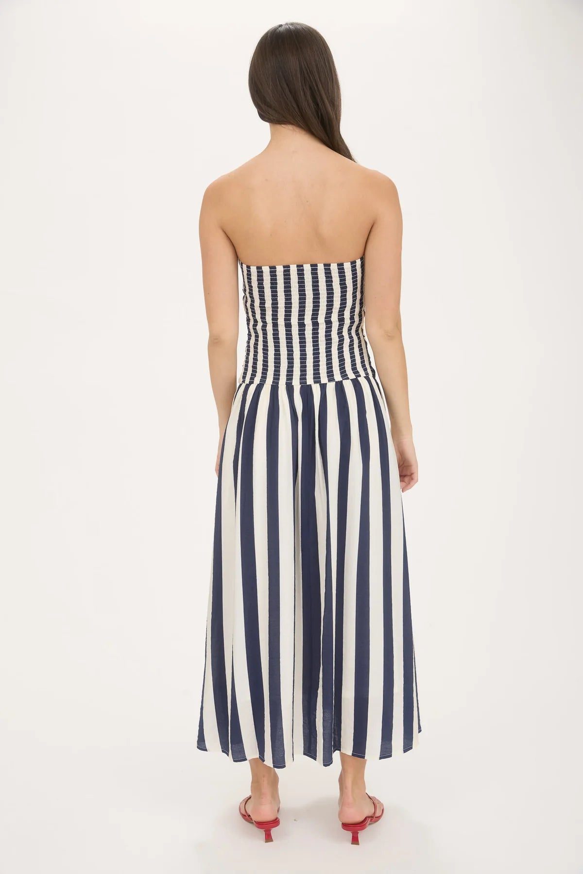 Vertical Stripe Strapless Midi Dress