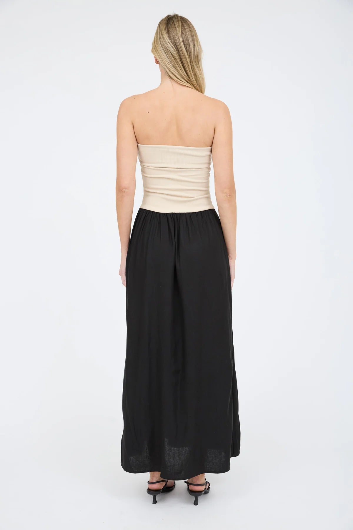 MIX MEDIA CONTRAST STRAPLESS FOLD OVER MIDI DRESS