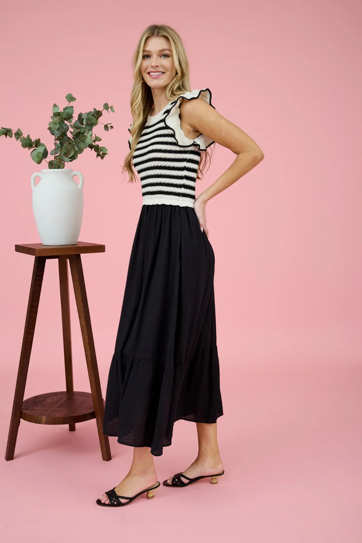 Stripe Sweater Top Mixed Media Midi Dress