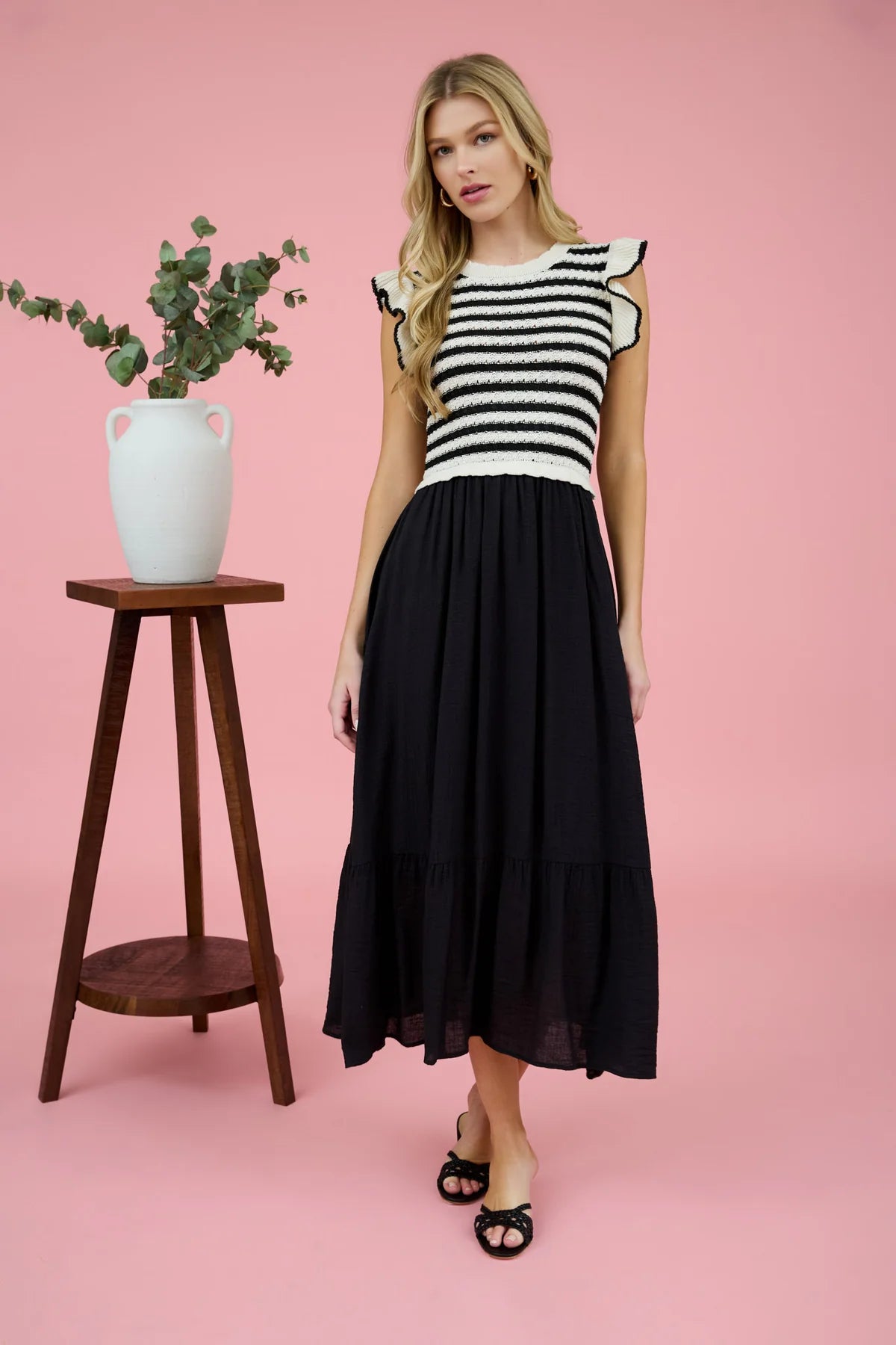 Stripe Sweater Top Mixed Media Midi Dress