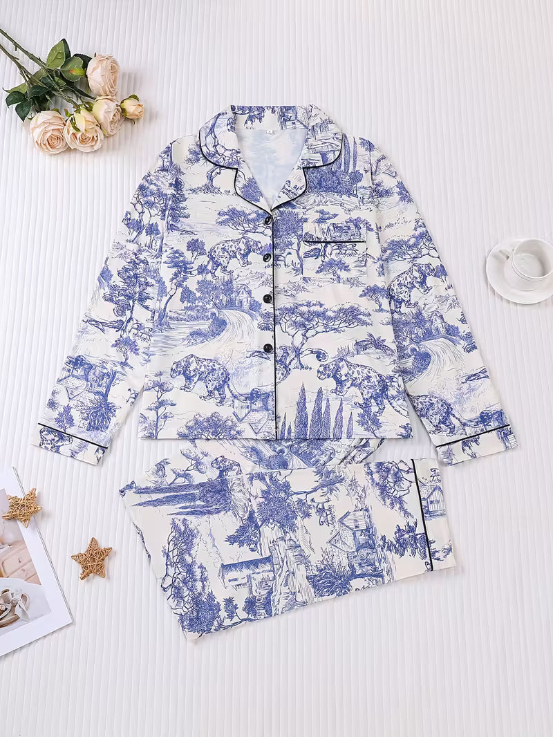 Blue and White Women's Printed Pajama Set