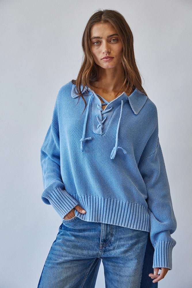 Light Blue Sporty Lace-Up Sweater, 100% Cotton