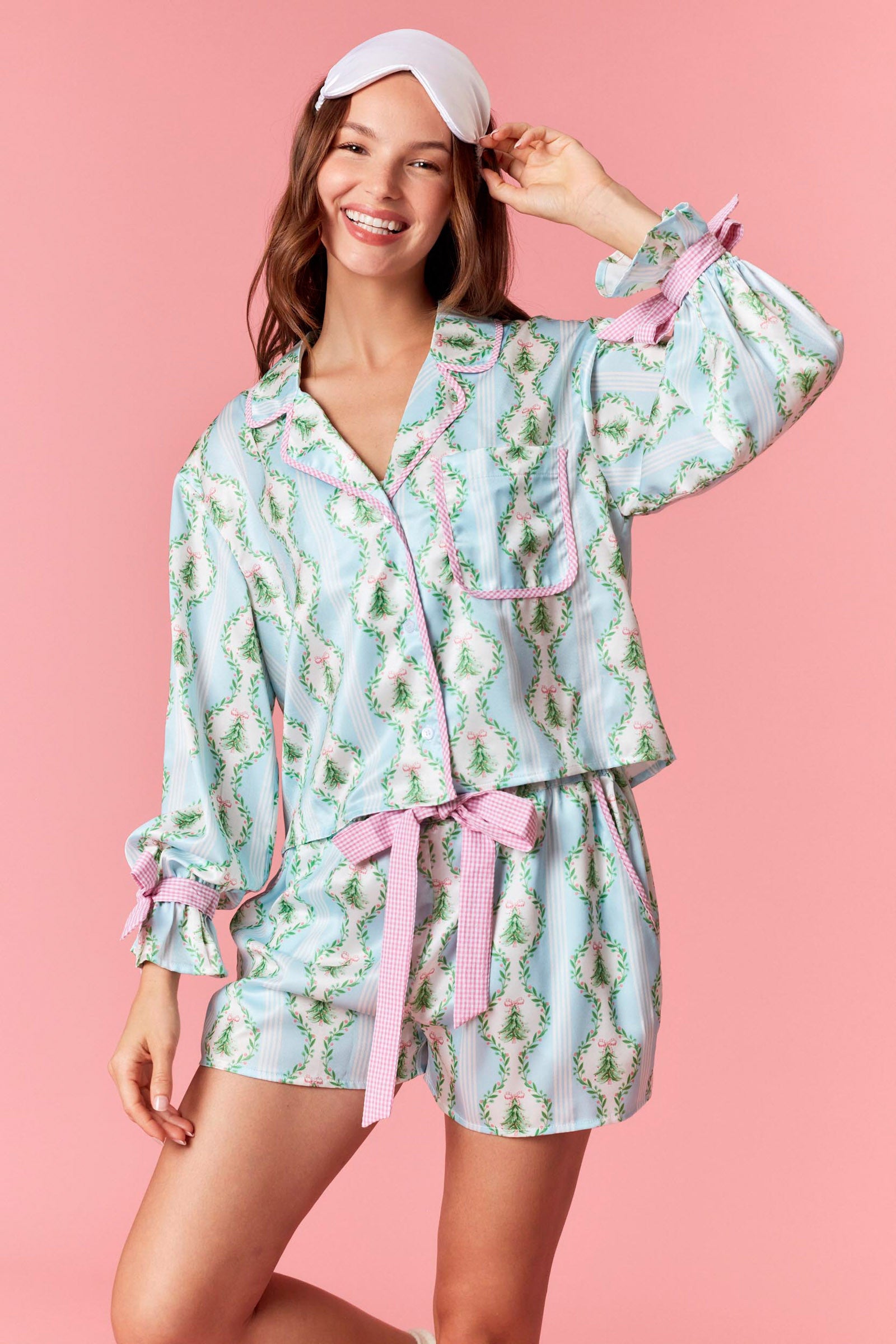 Darlling Christmas Printed Satin Gingham Tie Detail Pajama Set