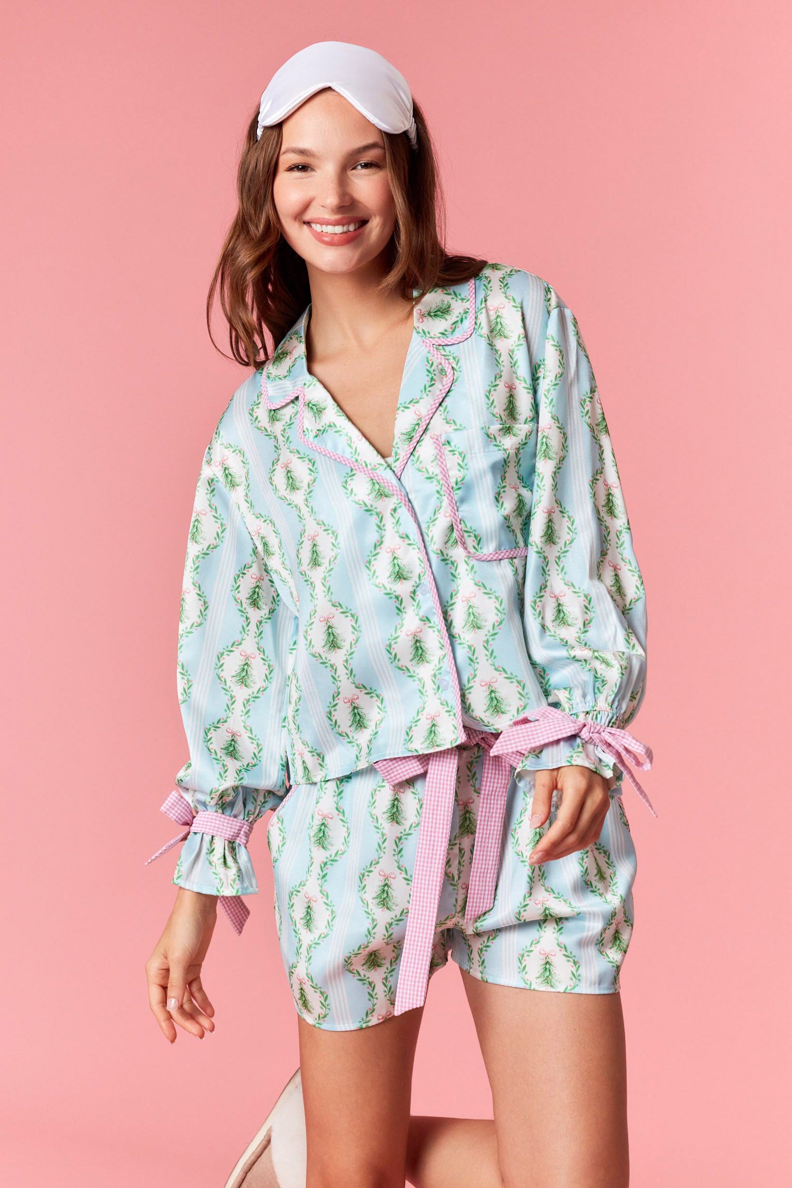 Darlling Christmas Printed Satin Gingham Tie Detail Pajama Set