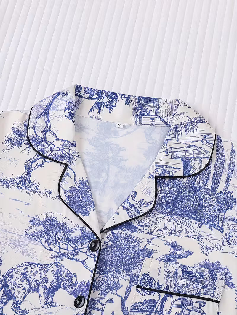 Blue and White Women's Printed Pajama Set
