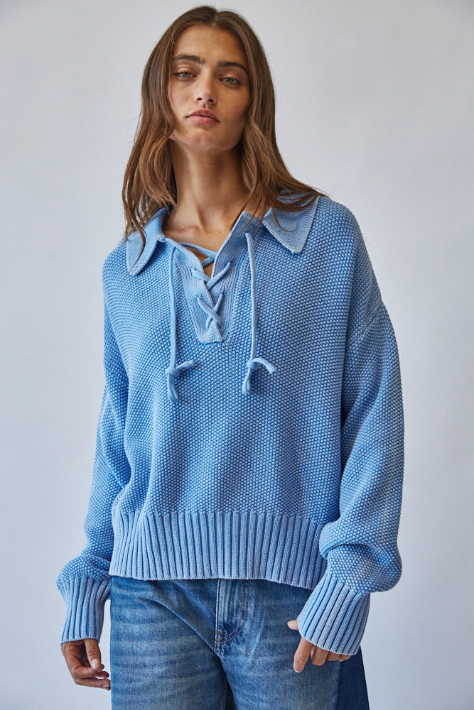 Light Blue Sporty Lace-Up Sweater, 100% Cotton