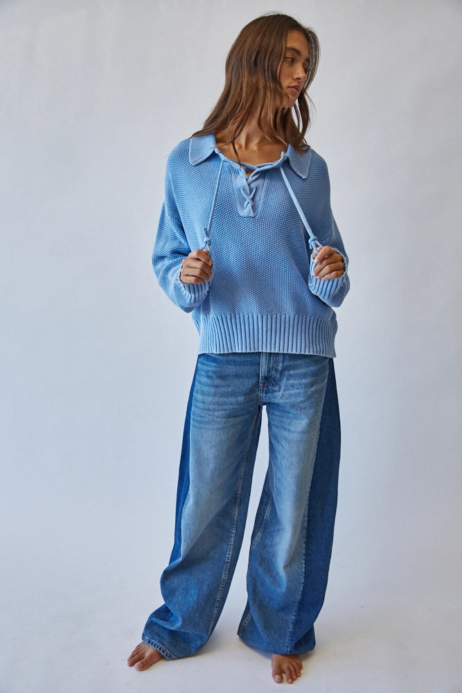 Light Blue Sporty Lace-Up Sweater, 100% Cotton