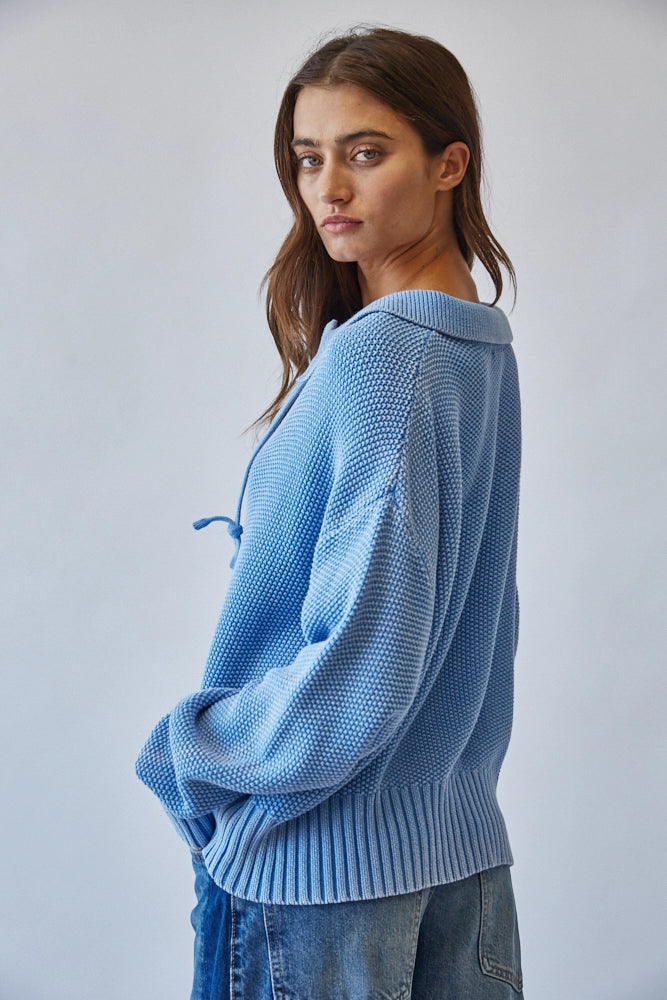 Light Blue Sporty Lace-Up Sweater, 100% Cotton
