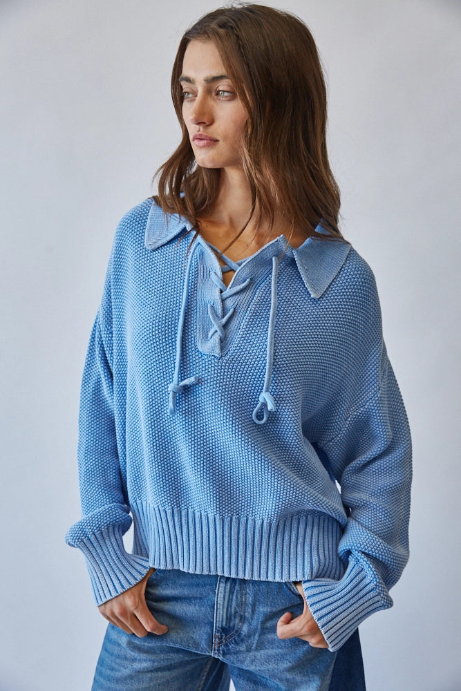 Light Blue Sporty Lace-Up Sweater, 100% Cotton