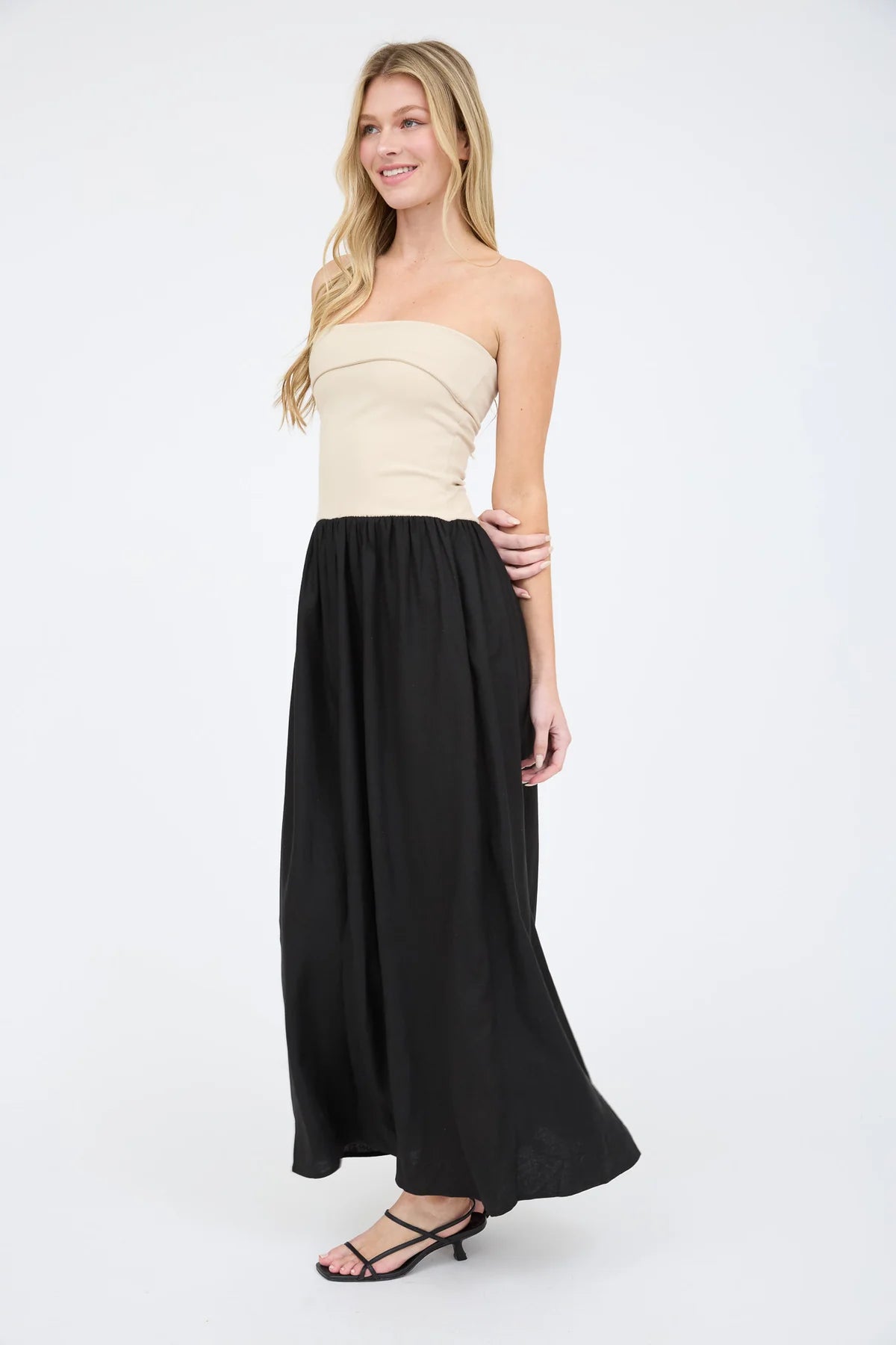 MIX MEDIA CONTRAST STRAPLESS FOLD OVER MIDI DRESS